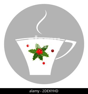 Winter Christmas Cup with Holly leaf icon poster. Stock Vector