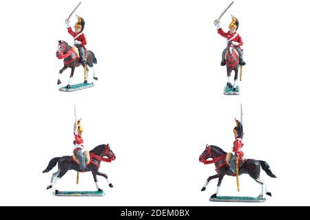 4 in 1 image of handmade tin soldier with horse on the white background Stock Photo