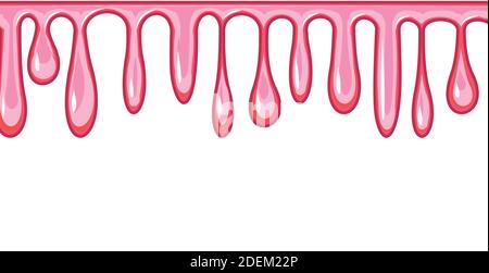 Beads of pink liquid. Custard. Red ice cream. Thick flowing paint. Slime. The drops are slipping. The isolated object on a white background. Flat Stock Vector