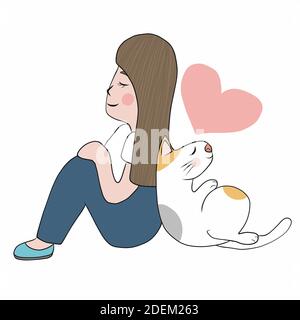 Cat and woman sitting on their backs, cartoon vector illustration Stock Vector