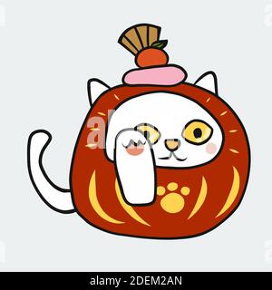 Daruma mixing with Lucky cat (Japanese lucky charm) cartoon vector illustration doodle style Stock Vector