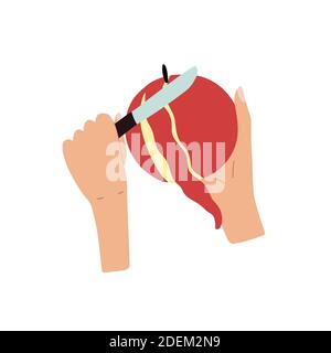 Hands holding and peeling an apple with a knife. Peel fruit vector illustration Stock Vector