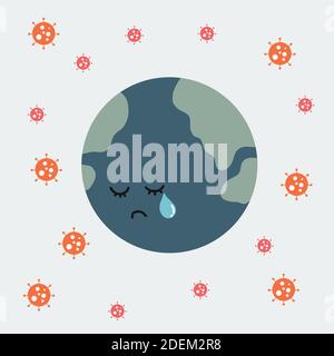 Coronavirus attacking the earth, earth crying cartoon vector illustration Stock Vector