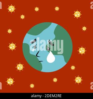 Coronavirus attacking the earth, earth crying cartoon vector illustration Stock Vector