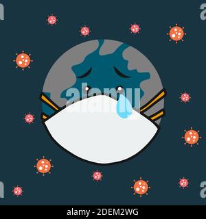 Coronavirus attacking the earth, earth crying cartoon vector illustration Stock Vector