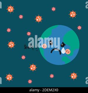 Coronavirus attacking the earth, earth crying cartoon vector illustration Stock Vector