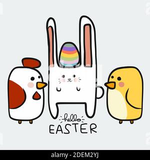 Hello Easter rabbit and friend have colorful egg cartoon vector illustration Stock Vector
