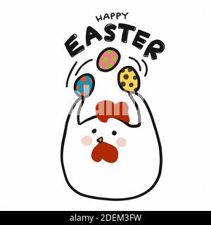 Happy Easter chicken play with colorful Easter eggs cartoon vector illustration Stock Vector