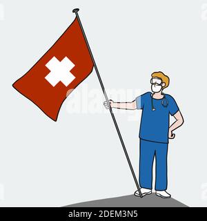 Male doctor standing with heathy flag cartoon vector illustration Stock Vector