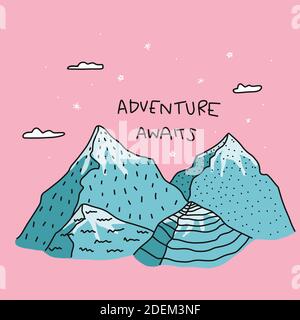 Adventure awaits word on Blue mountain and pink sky cartoon vector illustration doodle style Stock Vector