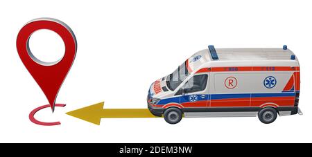 ambulance car rides to point pin. 3d rendering Stock Photo