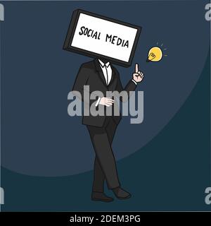 TV head man showing social media on screen cartoon vector illustration Stock Vector