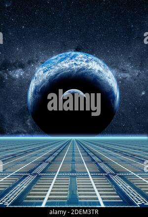 Microchips field crescent Earth Moon and space concept Stock Photo