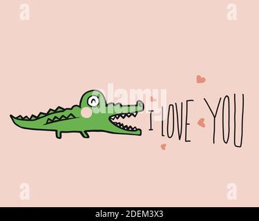 Crocodile say I love you cartoon vector illustration doodle style Stock Vector