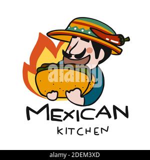 Mexican kitchen logo, man with taco cartoon vector illustration Stock Vector