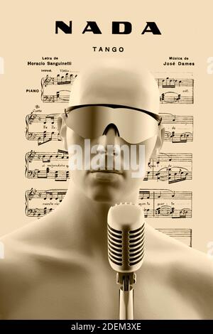 Tango singer in front of microphone and tango lyrics Stock Photo