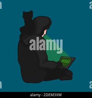 Hacker using laptop with black cat friend cartoon vector illustration Stock Vector