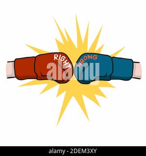 Boxing fighting between right and wrong cartoon vector illustration Stock Vector