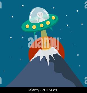 Alien UFO talking cow from mountain cartoon vector illustration doodle style Stock Vector