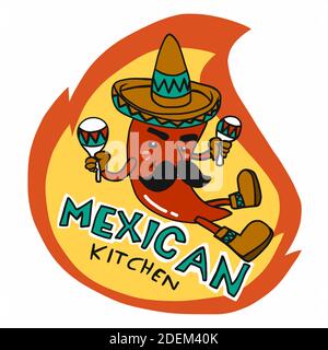 Mexican kitchen logo, chili wear hat cartoon vector illustration Stock Vector