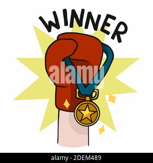 Winner , Boxing Glove with gold medal cartoon vector illustration Stock Vector