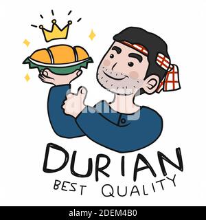 Durian beat quality in farmer hand with thumb up cartoon vector illustration Stock Vector