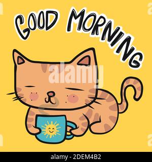 Orange tabby cat with good morning coffee cup cartoon vector illustration Stock Vector