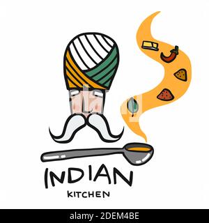 Indian kitchen logo, man with soup spoon with many spices smell cartoon vector illustration Stock Vector