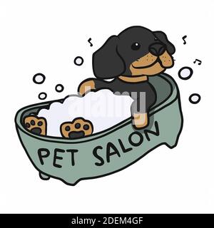Dachshund dog showering in bathtub pet salon cartoon vector illustration Stock Vector