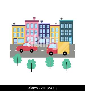 Street background with city buildings, cars and trees. Cute town concept Stock Vector