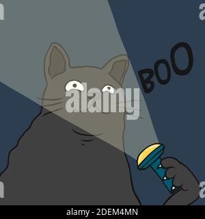 Black fat cat play with flashlight on face and say Boo, Halloween concept cartoon vector illustration Stock Vector