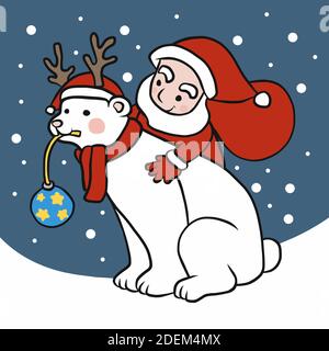 Santa Claus and polar bear wear reindeer hat in winter cartoon vector illustration Stock Vector