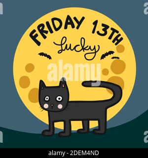 Black cat and Full moon, Lucky Friday 13th cartoon vector illustration Stock Vector