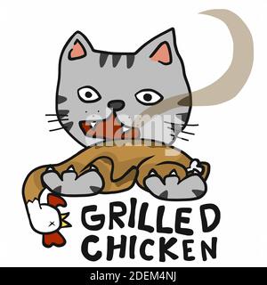 Cat and chicken grilled cartoon vector illustration Stock Vector