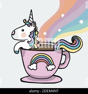 Unicorn coffee cup with rainbow cartoon vector illustration Stock Vector