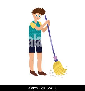 Boy sweeping the floor. A young man doing house cleaning Stock Vector