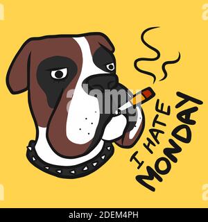 I hate Monday , Boxer dog smoking cigarette cartoon vector illustration Stock Vector