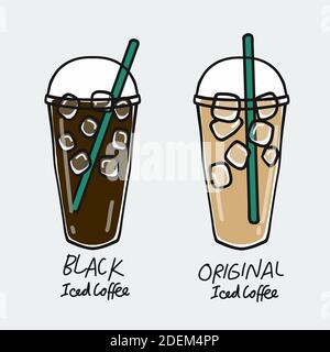 Black iced coffee cup and Original iced coffee cup cartoon vector illustration Stock Vector