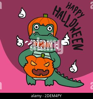 Crocodile monster wear pumpkin hat and bring pumpkin monster Halloween cartoon vector illustration Stock Vector
