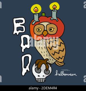 Halloween owl with pumpkin and candle on head cartoon vector illustration Stock Vector