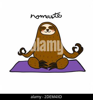 Sloth play yoga meditation namaste on yoga mat cartoon vector illustration Stock Vector