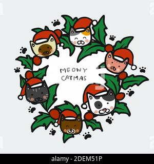 Cats wear Santa hat stay in Christmas wreath with word Meowy Catmas cartoon vector illustration Stock Vector