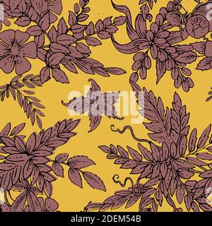 Floral ornament. Plexus of branches and leaves of trees, shrubs and herbs. Decorative and wild flowers. Seamless. Beautiful summer, spring composition Stock Vector