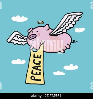 Angel pig with peace flag flying on sky cartoon vector illustration Stock Vector