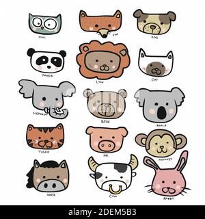 Animal face set doodle style cartoon vector illustration Stock Vector