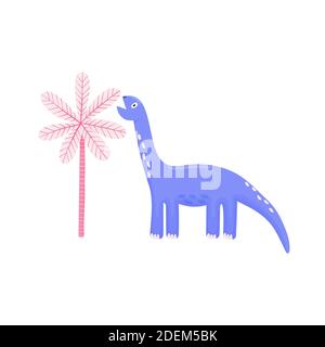 Cute dinosaur eating leaves. Diplodocus chewing palm tree. Funny print Stock Vector