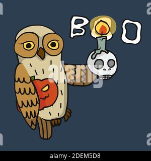 Halloween owl with skull candle in hand cartoon vector illustration Stock Vector
