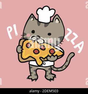 Cat chef eat pizza cartoon vector illustration Stock Vector