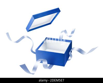 Blue open gift box with ribbon over white background Stock Photo