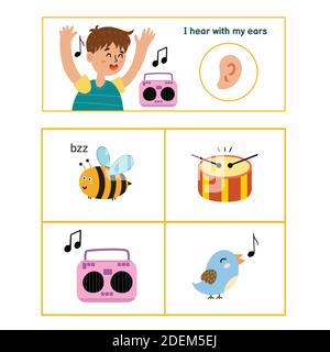 Five senses poster. Hearing sense presentation page for kids Stock Vector